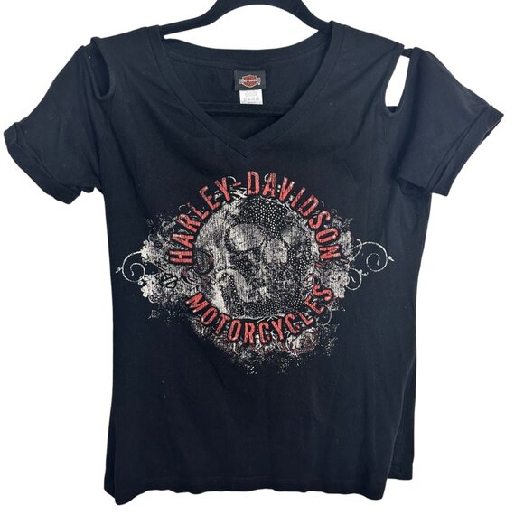 Harley-Davidson Distressed‎ Open Shoulder T-Shirt Black Skull Graphic Miami FL M - Picture 1 of 6